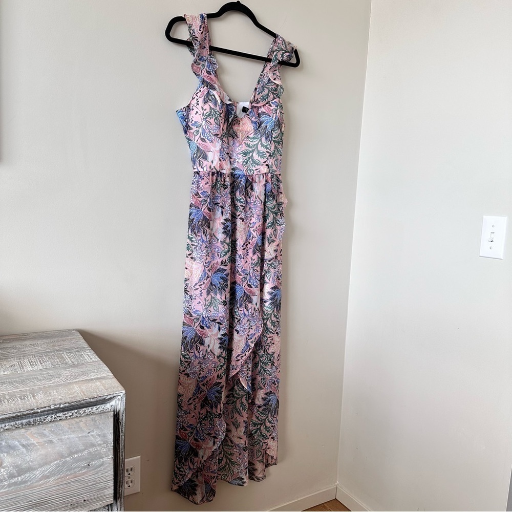 Guess Pink Floral Ruffle-Shoulder High-Low Maxi Dress - Picture 4 of 11